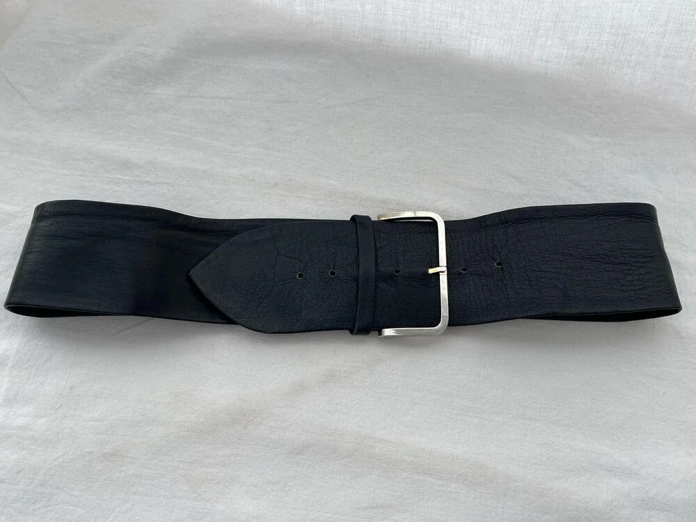 Handmade Wide Genuine Leather Belt Womens Med Black Waist Cinch Statement Buckle